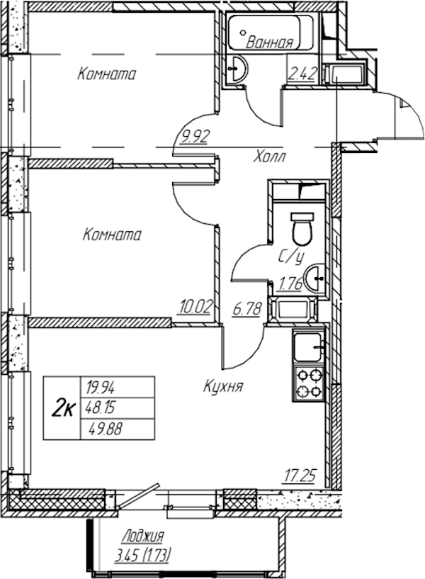 2-комнатная квартира 49.88 м², 5/22 эт., ЖК «Парк-квартал Юнтолово»